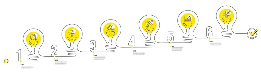 Business Infographic timeline with 6 steps. Lightbulb journey path infographics. Workflow process diagram with Idea, Working, Growth chart and Goal target line icons. Vector