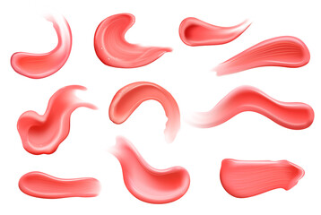 Set of realistic cosmetic pink lisptick cream smears. Lotion smooth smear isolated vector texture on white background.