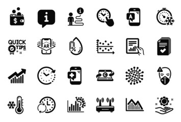 Vector Set of Science icons related to Document, Coronavirus statistics and Investment graph icons. Quick tips, Time change and Handout signs. Freezing timer, Coronavirus and Medical mask. Vector