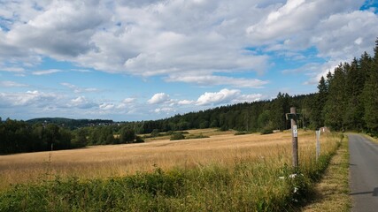 Sommer Landschaft im Taunus in Hessen, Deutschland mit Feldern, blauem Himmel, W&auml;ldern und wei&szlig;en Wolken und einem Wanderweg