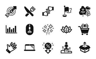 Fototapeta premium Vector set of Shopping trolley, Tree and Column chart icons simple set. Food, Send box and Click hands icons. Laptop, Flag and Organic tested signs. Swipe up, Hand and Fireworks. Vector
