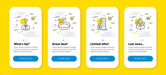 Vector set of Buildings, Frying pan and Hiring employees line icons set. UI phone app screens with line icons. Augmented reality icon. City architecture, Cooking utensil, Human resources. Vector