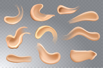 Set of realistic cosmetic cream smears. Skincare product of different body colors. Lotion smooth smear isolated vector texture on transparent background.