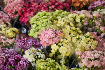 Various flowers packed in a traditional market