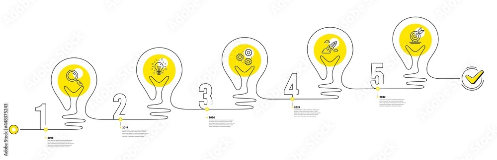 Aufkleber business infographic timeline with 5 steps. lightbulb journey path infographics. workflow process di