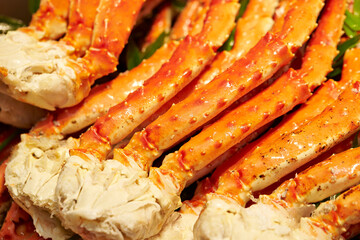 Snow crab legs on display at the market