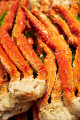 Snow crab legs on display at the market