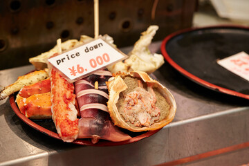 Seafood with price tag in the market 