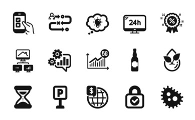 Vector set of 5g statistics, Beer bottle and Journey path icons simple set. Energy, 24h service and Bacteria icons. Organic product, Time and Work home signs. 5g statistics simple web symbol. Vector