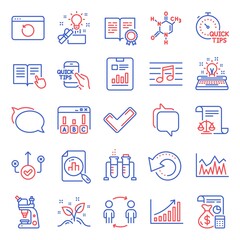 Education icons set. Included icon as Chemistry beaker, Tick, Analytics graph signs. Certificate, Startup concept, Correct way symbols. Workflow, Legal documents, Report document. Vector