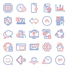 Technology icons set. Included icon as Spanner, Work home, Survey results signs. Smartphone charging, Video conference, Settings blueprint symbols. Reject certificate, Left arrow, Swipe up. Vector