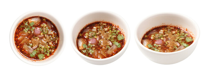 Fototapeta na wymiar Thai dipping spicy sauce for barbecue (chicken,beef,pork) on white background
