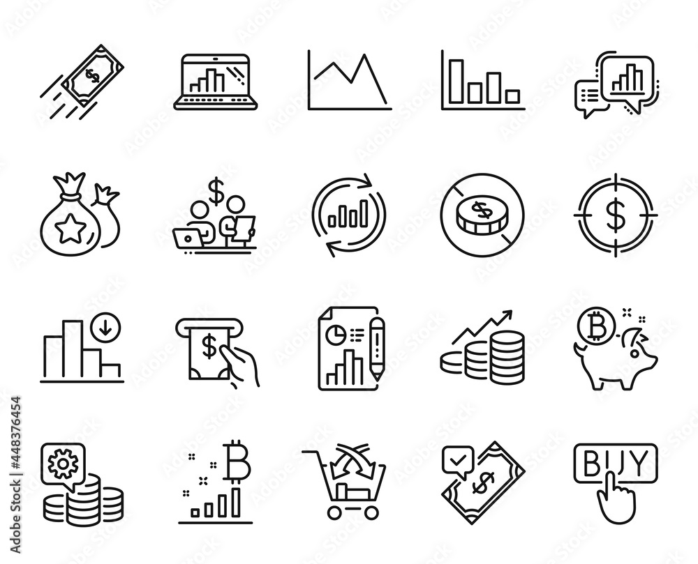 Poster vector set of decreasing graph, no cash and graph laptop line icons set. atm service, cross sell and