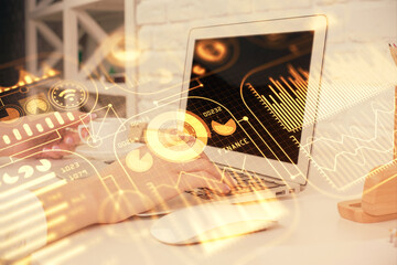 Double exposure of woman hands typing on computer and technology theme drawing. High Tech concept.