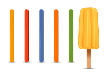 Set of realistic popsicle sticks. Banana ice cream 3D. Vector illustration, summer season.