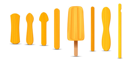 Set of realistic popsicle sticks. Banana ice cream 3D. Vector illustration, summer season.