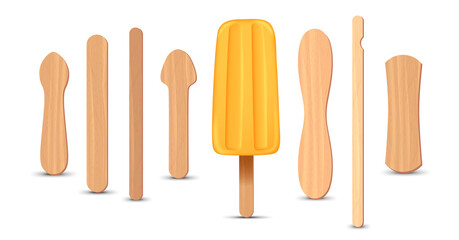 Set of realistic popsicle sticks. Banana ice cream 3D. Vector illustration, summer season.