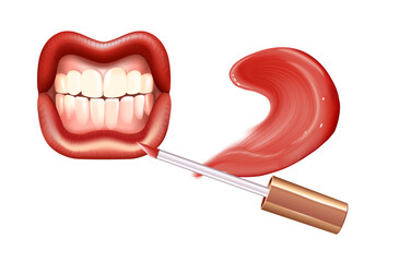 Make-up set for lips with realistic creme smear, realistic liquid lipstick and lips.