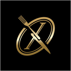 golden X logo formed from knife and fork