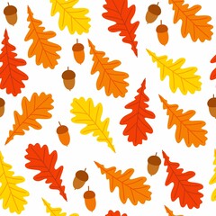 Autumn pattern. Seamless autumn pattern with oak leaves and acorns. Seamless pattern of leaves for print design, wallpaper. Vector illustration.