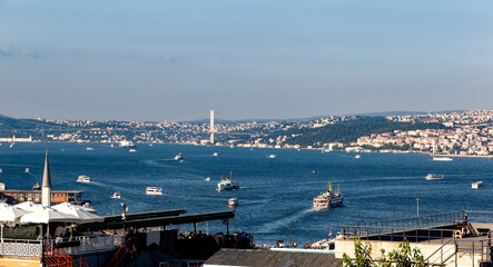View of the Golden Horn, the Bosporus, downtown Istanbul seen from Suleymaniye Mosque
