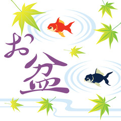 Obraz premium お盆の正方形の背景イラスト 金魚