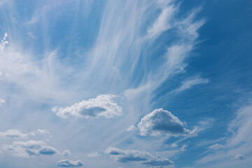 Fluffy blue sky with small white clouds. Natural background.
