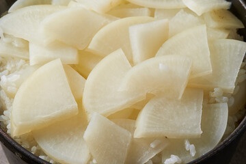 Ripe radish on delicious rice