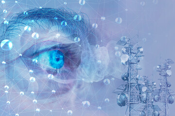 Human eye close-up in front of radio towers transmitted information waves.