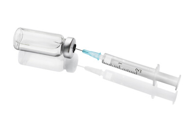 Disposable syringe with needle and vial on white background