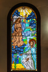 Catholic stained glass window in church, Camaguey, Cuba