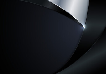 Modern luxury template abstract black and silver metallic curve shape with lighting on dark blue background