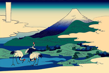 Ukiyo-e cranes in Japan nature landscape with hills, lake and storks in traditional japanese sumi-e style vector illustration.