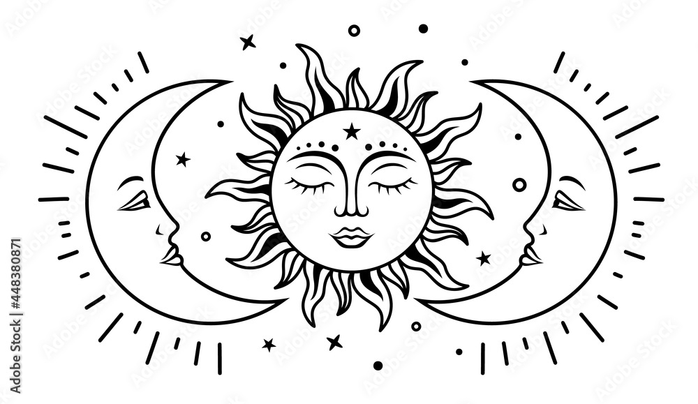 Wall mural sun and two moon with faces. celestial design. vector silhouette illustration. symbols of magic and 