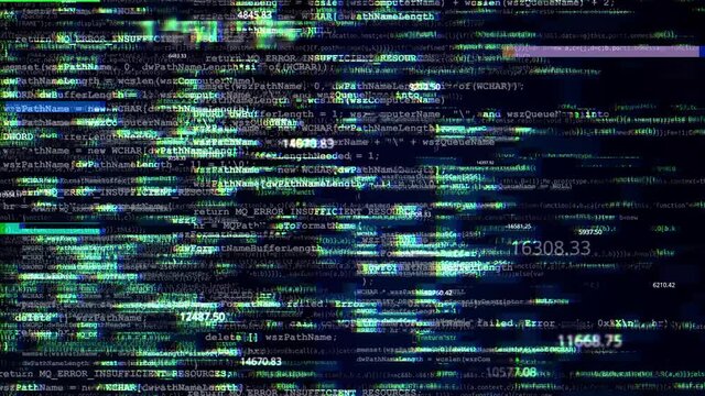 4K Computer software errors with glitch on system server log lines Loop Animation. Glitch and noise errors on computer screen code virus data breach hacking. Hacker activity broke technology.