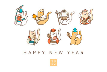 Fototapeta premium 2022トラ猫七福神 年賀状用テンプレート