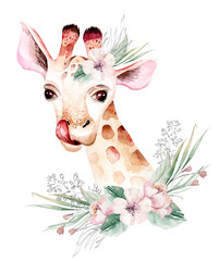 A trendy poster with a giraffe. Watercolor cartoon giraffe savanna animal illustration. Jungle savannah tropical exotic summer print