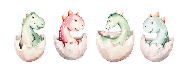 Aquarell süßer Dino. Dinosaurier-Set isoliert auf weißem Hintergrund Handgezeichnete Illustration, Baby-Dusche-Einladung Kindergeburtstag Jurassic Party. Cartoon-Tyrannosaurus-Dekor © kris_art