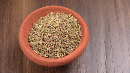 Ajwain Also Know as Ajowan, Caraway or (Trachyspermum Ammi) in spoon and in bowl.