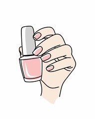 Vector illustration of a hand and nail polish on a white background. Hand holds pink nail polish. Illustration for a beauty salon.