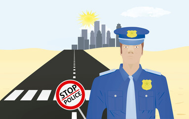 Policeman show stop sign in front of crosswalk. vector