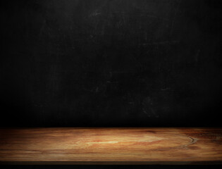 Empty wooden table on abstract black wall in dark room background 3d illustration.
