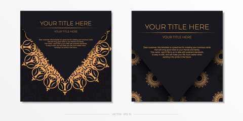 Square Postcard template in Black color with luxurious ornaments. Print-ready invitation design with vintage patterns.