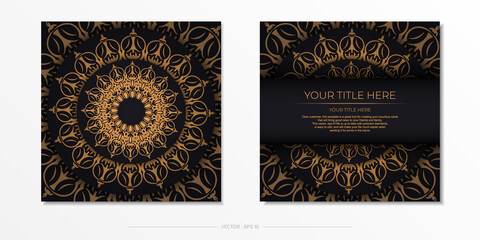 Square postcards in Black with luxurious ornaments. Invitation card design with vintage patterns.