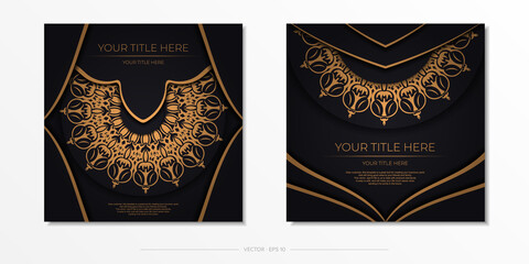 Square postcards in Black with luxurious ornaments. Invitation card design with vintage patterns.