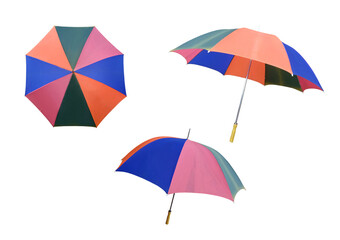 Top view, Collection set of rainbow umbrella isolated on white background for stock photo or design, invesment, business, summer concept