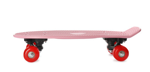 Pink skateboard with red wheels isolated on white. Sport equipment
