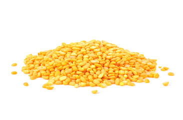 Peeled split mung bean isolated on white.