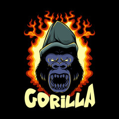 gorilla head with hat and smoldering fire illustration