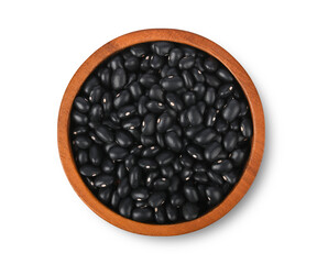 Black beans in wooden bowl isolated on white background. Top view